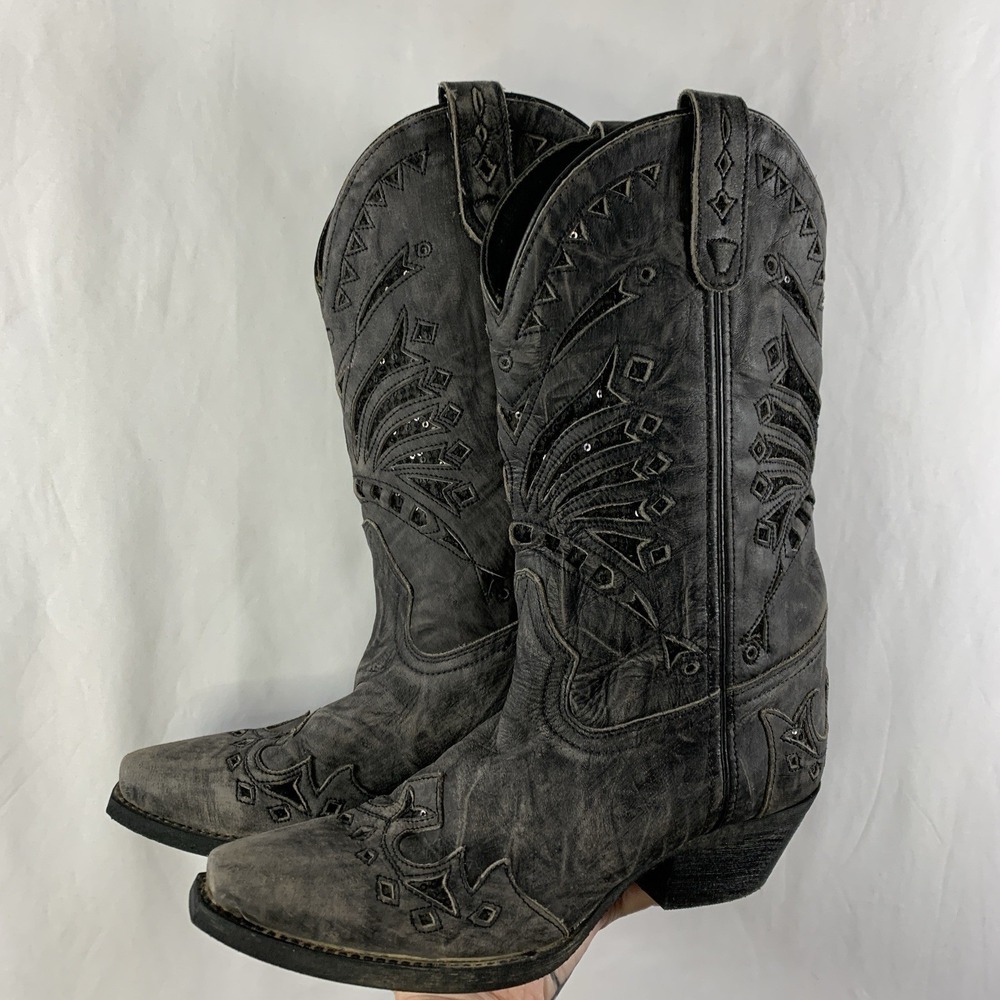 Laredo Stevie Womens Black Sequin Western Glam Leather Boot 8M Mid Calf 52120
